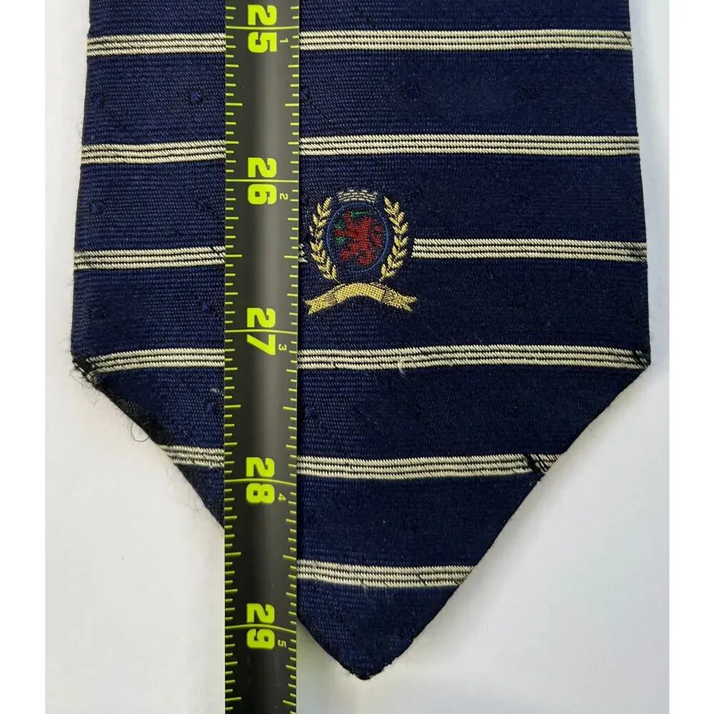 Tommy Hilfiger Mens Silk Tie Navy Gold Stripe Crest USA Classic Designer
